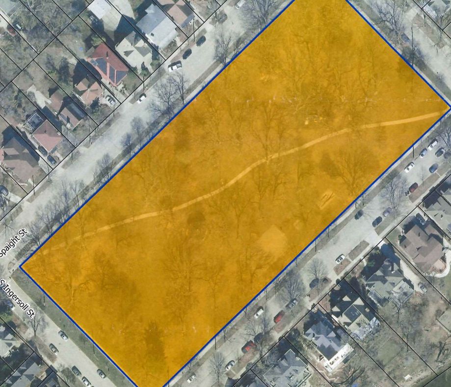 Aerial map highlighting the boundaries of Orton Park between Spaight and Ingersoll Streets.