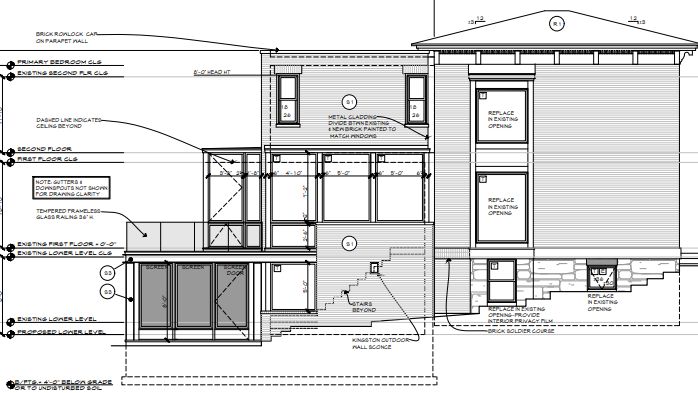 Architectural elevation drawing of a proposed addition to a residence at 739 Jennifer Street.