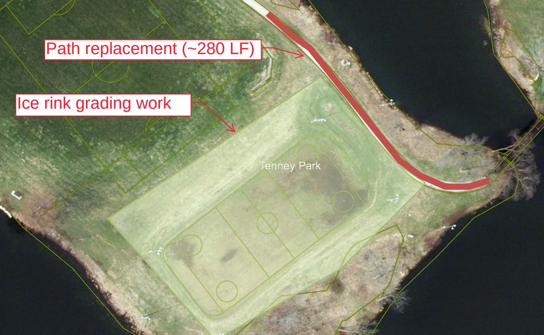 Aerial photo of Tenney Park showing proposed path replacement and ice rink grading work areas.